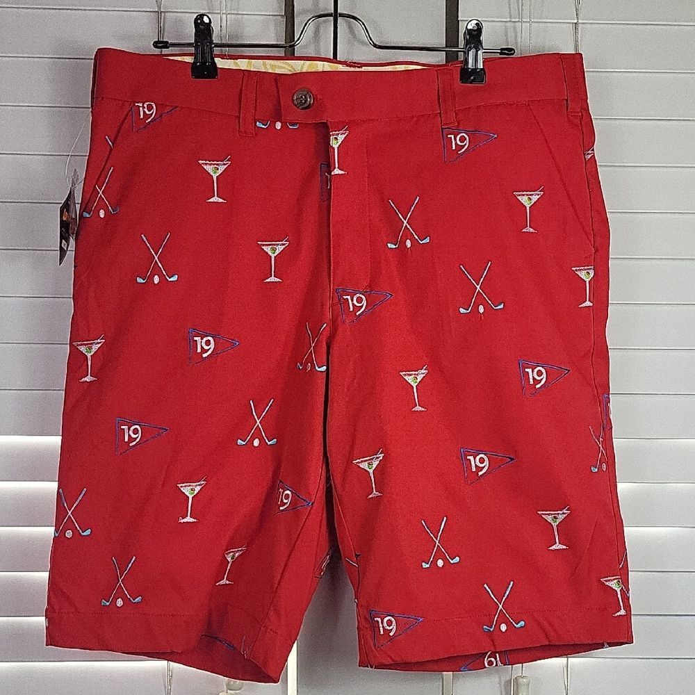 Loudmouth 19th hole‎ stretchrech Red Golf Shorts with Embroidered Clubs. Size 34
